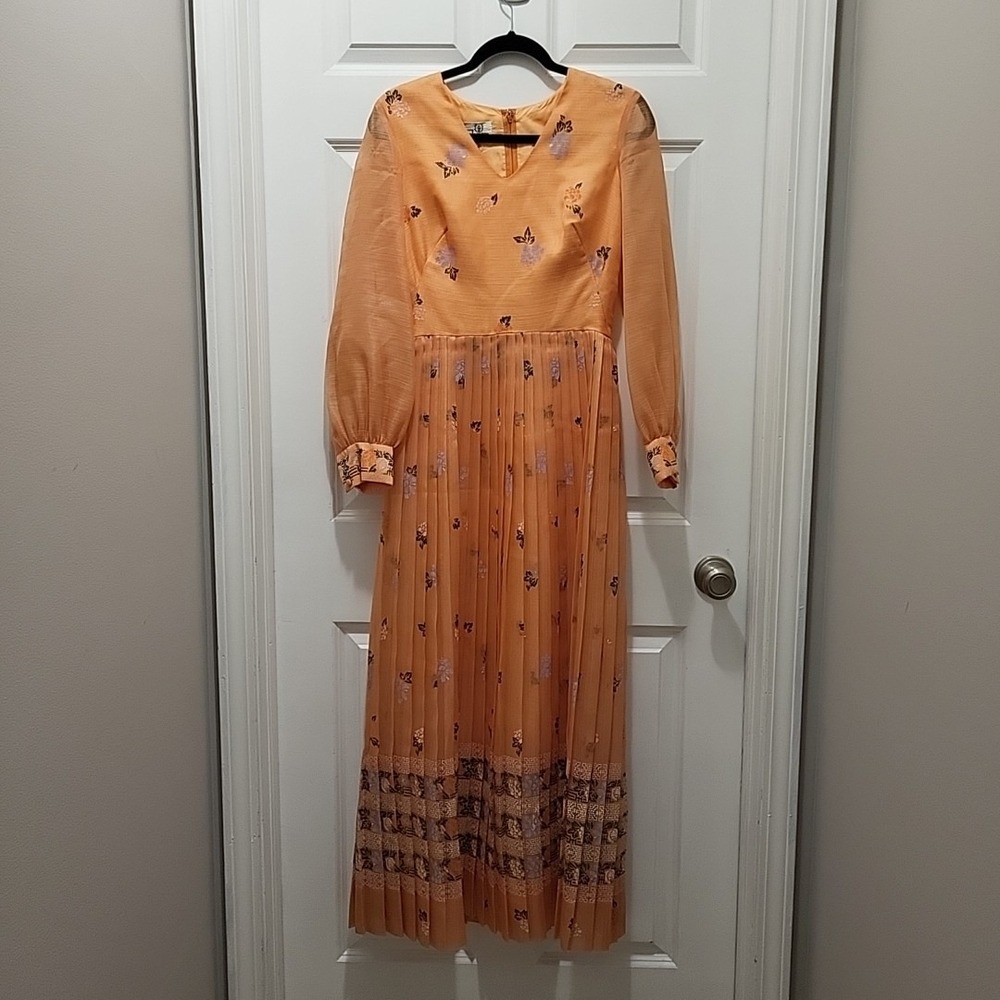 VINTAGE!  1970s Orange Maxi Alfred Shaheen‎ LongBishop Sleeve Pleated SIZE 8